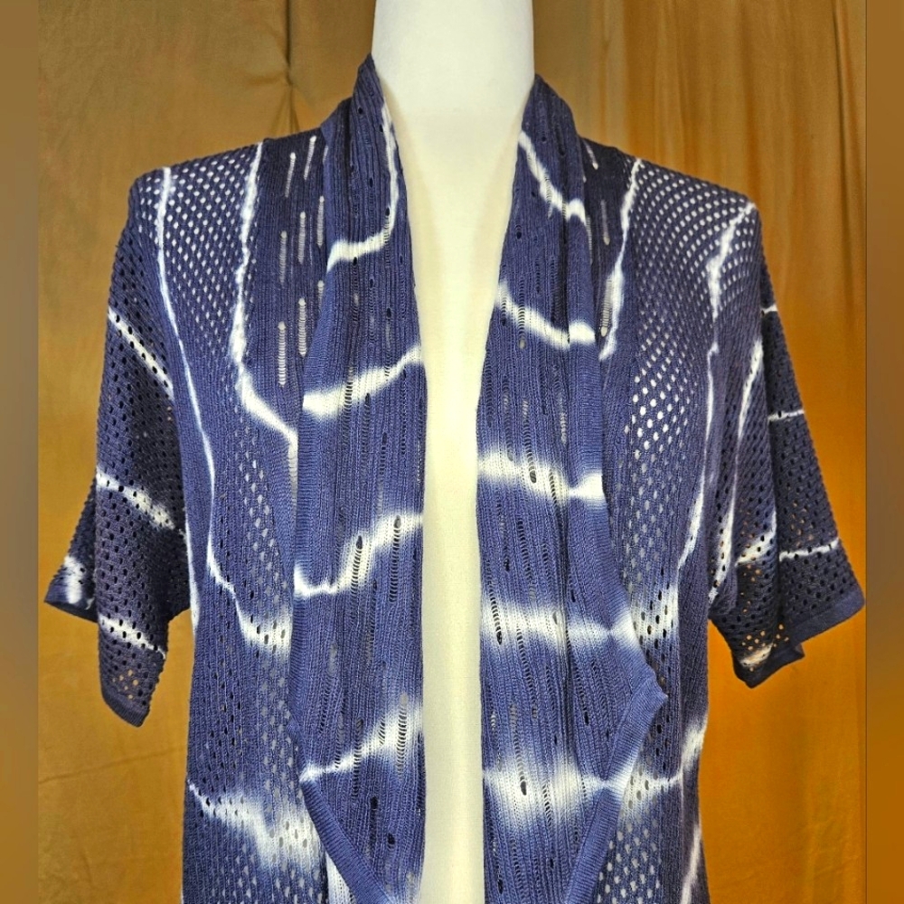 Design 365 Blue Shibori Tie Dye Open Knit Draped Cardigan Wrap Small - Picture 5 of 9